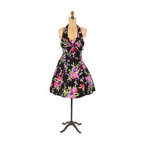 Vintage 80s Black Romantic Floral Cotton Sleeveless Halter Short Party Dress S M