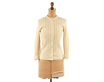 Vintage 70s Dalton Geelong Lambswool All Wool Cream Preppy Cable Knit Cardigan Sweater M