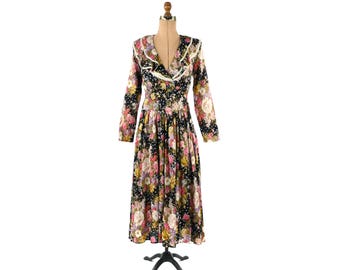 Vintage 80s Black Pastel Romantic Rose Floral Tea Length Cotton Party Dress M