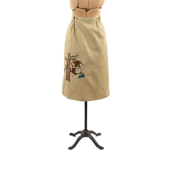 Vintage 70s Khaki Tan High Waist A Line Cut Boho Embroidered Owl Wrap Skirt XS