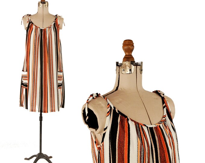 Vintage 70s Terry Cloth Dress Back and Orange Stripe A Line Etsy