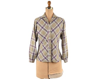 Vintage 70s Plaid Camp Shirt: Metallic Gold Cotton Blend Blouse M