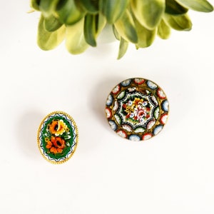 Vintage 50s 60s Italian Micro Mosaic Floral Round Oval Pin Brooch