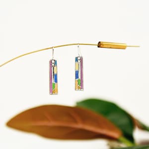 Vintage 80s Silver Metal Rectangle Modern Mosaic Colorful Enamel Dangle Drop Earrings