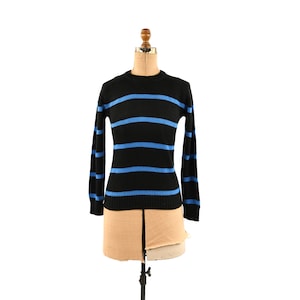 Vintage 70s 80s Black All Acrylic Knit Blue Horizontal Stripe Preppy Retro Crew Neck Sweater S