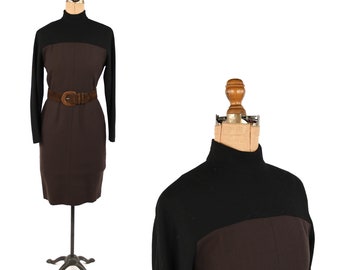 Vintage 80s 90s Ellen Tracy Black + Brown Mod All Wool Crepe Mock Collar Dress S