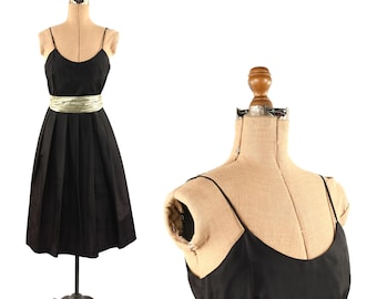 Vintage 70s 80s Black Taffeta Sleeveless Gold Lame Belted Evening Party Dress S M