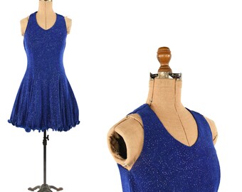 Vintage 90s Blue Sleeveless Curly Hem Rainbow Metallic Giller Evening Prom Party Dress S