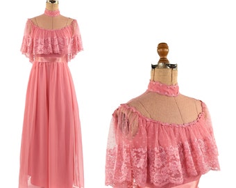Vintage 70s Rose Pink Chiffon + Sheer Floral Lace Caplet Illusion Maxi Dress S