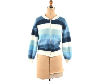 Vintage 70s Blue + White Fuzzy Wide Stripe Bomber Zip Up Lightweight Sweatshirt Top S M