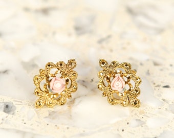 Vintage 70s Gold Metal Victorian Style Pink Porcelain Rose Romantic Stud Earrings