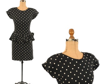 Vintage 80s Black + White Polka Dot Cotton Jersey Peplum Ruffle Cocktail Dress S