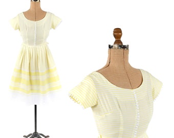 Vintage 60s Semi Sheer Cotton White + Yellow Cotton Stripe Garden Party Dress S