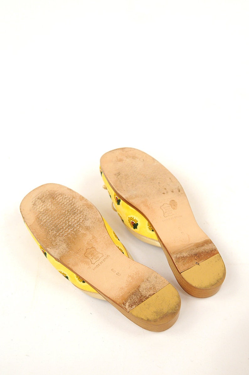 Vintage 1980/'s Bright Yellow Novelty Print Leather Slip On Summer Mule Shoes 8