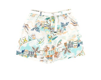 Vintage 80-tals bomullsblandning tropisk stadsmönster shorts med hög midja och skärp L