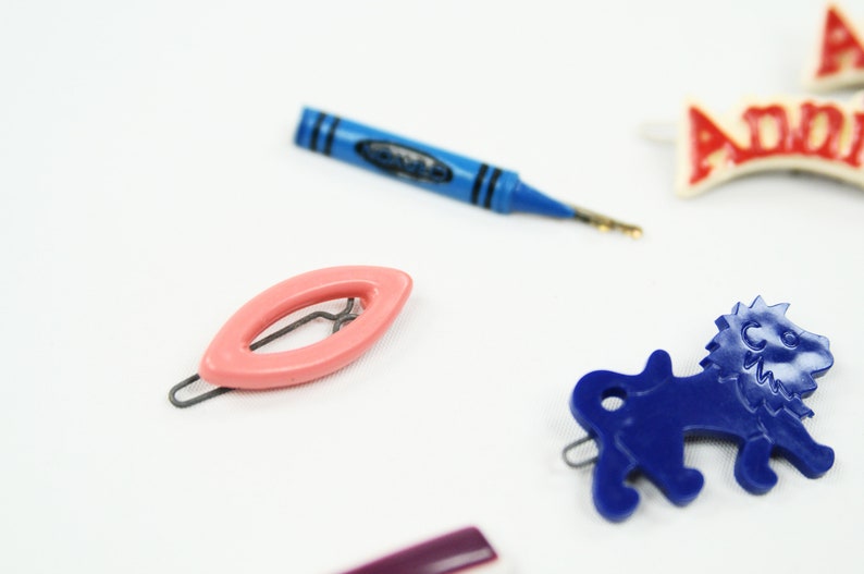 Vintage 80s Colorful Plastic PacMan Annie Bow Tie Crayon Kawaii Hair Barrette Clip Set