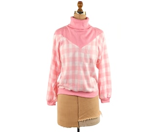 Vintage 80s Pink + White Gingham Plaid Loose Fit Brushed Acrylic Turtleneck Sweatshirt Top L