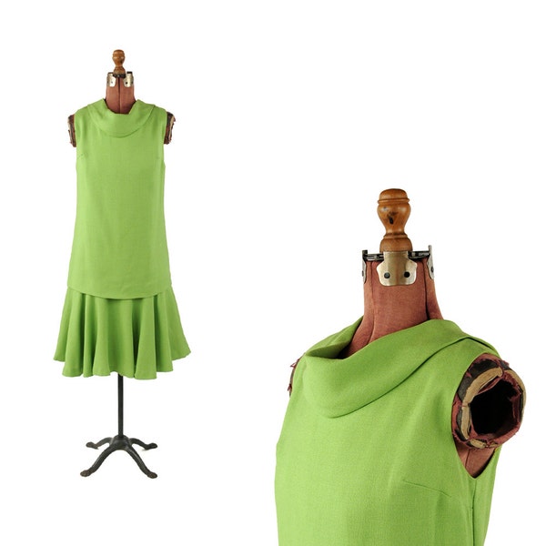 Vintage 1960's Bright Lime Green Linen Mod Drop Flair Waist Shift Scooter Retro Dress M