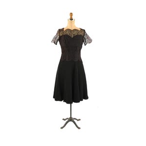 Vintage 50s Mynette Sheer Black Chiffon Scalloped Floral Lace Cocktail Party Dress S