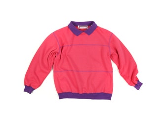 Vintage 80s 90s Solid Color Bright Pink + Purple Soft Collared Pullover Fitted Sweatshirt S