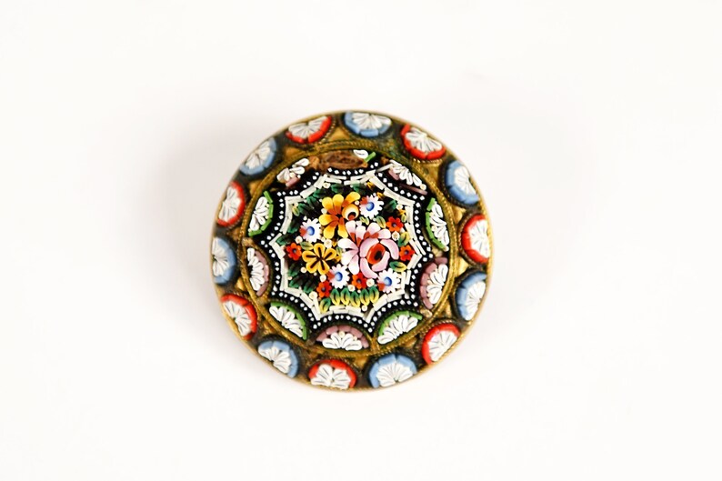 Vintage 50s 60s Italian Micro Mosaic Floral Round Oval Pin Brooch image 5