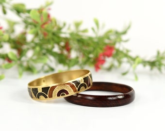 Vintage 70s 80s India Brass Modern Circle Enamel Bobo Dark Wood Bracelet Bangle Set x 2