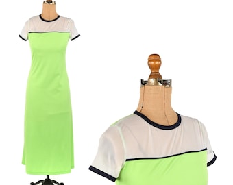 Vintage 90s Sheer White Mesh + Lime Neon Green Short Sleeve Y2k Long Maxi Dress S