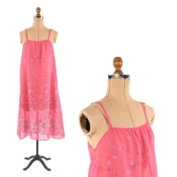Vintage 90s Sturzenegger Semi Sheer Gauze Cotton Pink Floral Garden Print Shift Dress S M