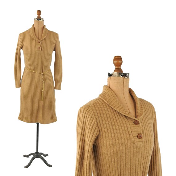 Vintage 70s Dalton All Wool Ribbed Knit Tan Shawl