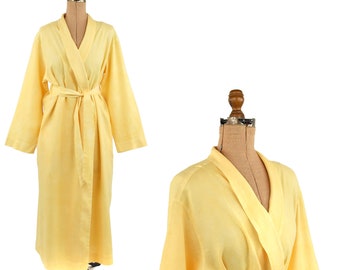 Vintage 80s Yellow Linen Shawl Collar Kimono Style Minimalist Oversized Wrap Dress M