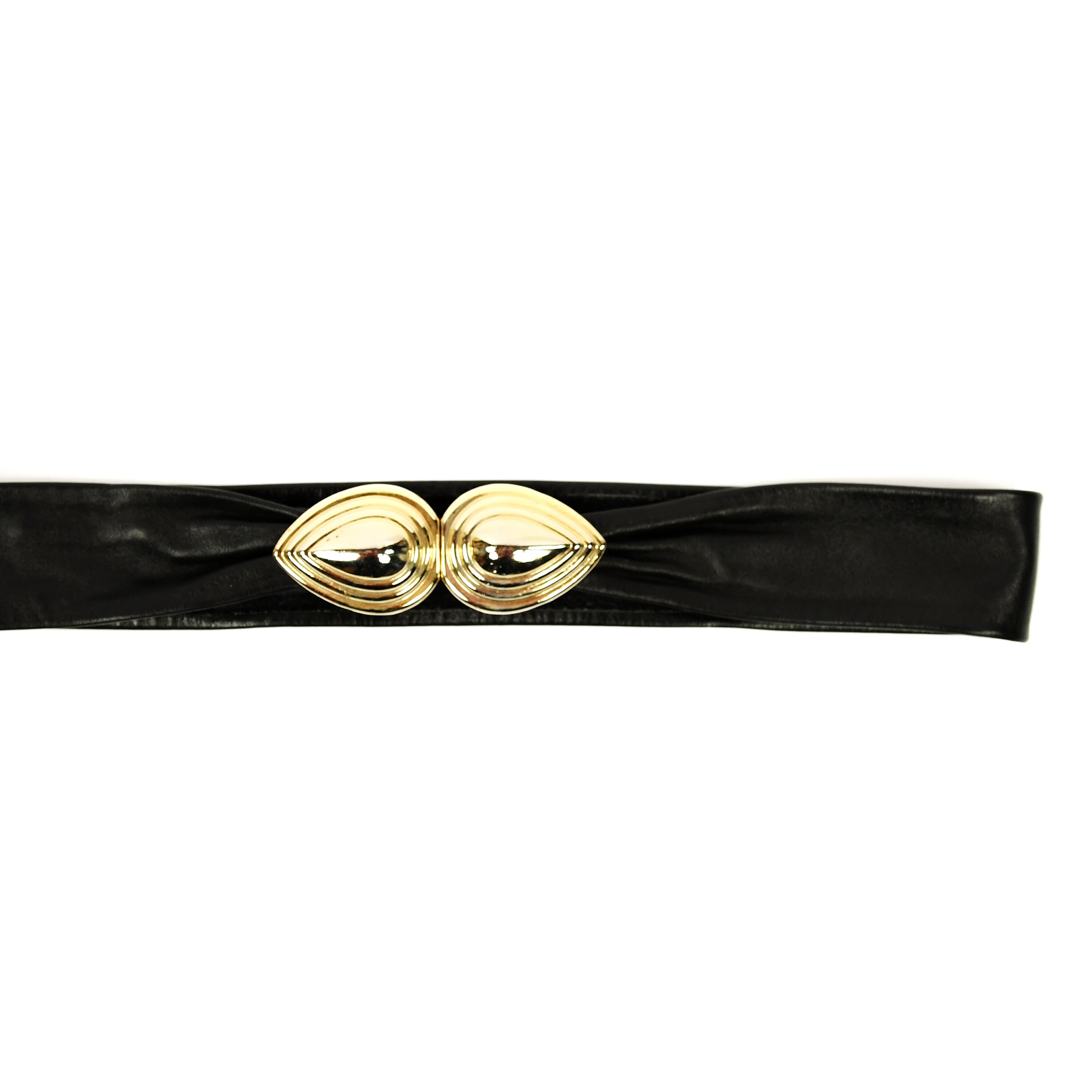 Vintage 80s Revcor Black Leather Belt: Gold Teardrop Buckle 
