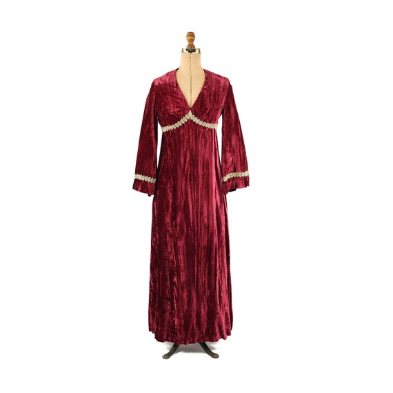 Vintage 70s Dark Pink Crushed Velvet Empire Waist Bell Sleeve Retro Maxi Dress S Vintage 70s Dark Pink Crushed Velvet Empire Waist Bell Sleeve Retro Maxi Dress S