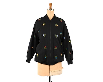 Vintage 80s ANYA Black Wool Crepe Beaded + Sequin Floral Bomber Oversized Jacket Coat S