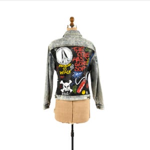 Vintage 80s Stonewash Cotton Denim Hand Painted Punk Anarchy Trucker Jean Jacket L