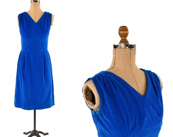 Vintage 60s Plush Blue Velvet Sleeveless Hourglass Cocktail Mod Party Dress L