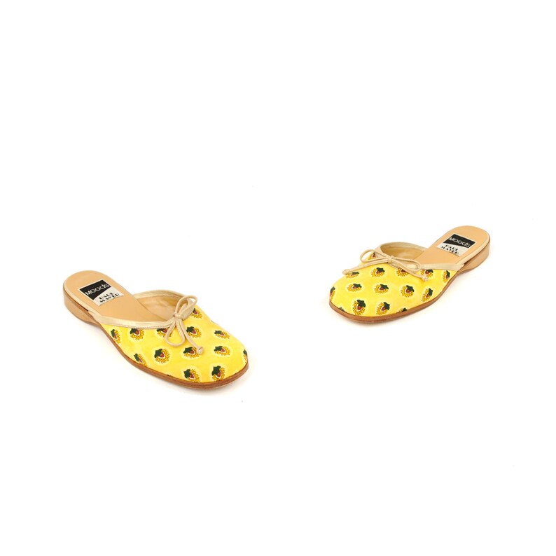 Vintage 1980/'s Bright Yellow Novelty Print Leather Slip On Summer Mule Shoes 8