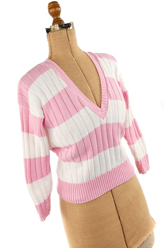 Vintage 70s 80s Pink + White Collegiate Stripe V … - image 3