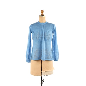 Vintage 70s 80s Blue Semi Sheer Pointelle Knit Balloon Sleeve A Line Sweater M
