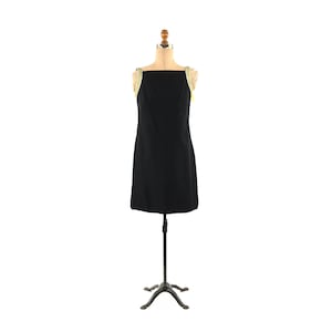 Vintage 60s 70s Black Rayon Crepe Silver + Gold Metallic Sleeveless Shift Dress