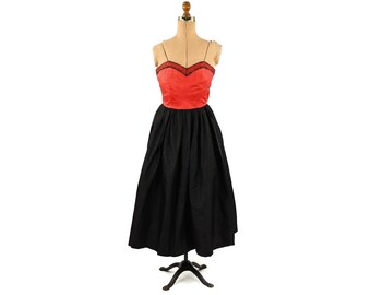 Vintage 80s Strapless Black + Red Taffeta Bow Tie Sweetheart Evening Prom Dress XS