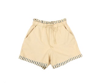 Vintage 90s Light Tan Khaki High Waist Pinstripe Ruffle Trim Lightweight Cotton Shorts M