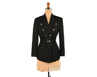Vintage 90s DKNY Black Grosgrain Peaked Lapel Military Style Suit Blazer Jacket S