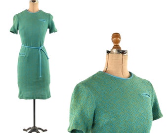 Vintage 60s Aqua Blue + Green Abstract Knit Mod Short Sleeve Shift Dress S