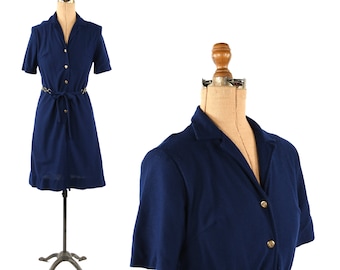 Vintage 60s 70s Navy Blue Mod Short Sleeve Belted Button Retro Mini Shift Dress S