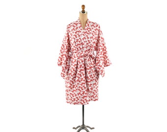 Vintage 60s 70s Red + White Cotton Asian Novelty Print Kimono Blend Duster Robe L