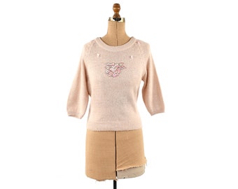 Vintage jaren '80 Pale Pink + Zilver Metallic Zacht Gebreide Pailletten Kralen Bloemen Trui M L