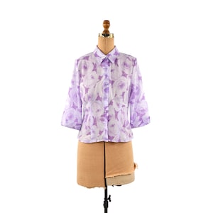 Vintage 90s Semi Sheer Purple Crepe Rose Floral Print Button Down Blouse Top Shirt L