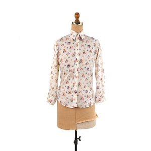 Vintage 70s Semi Sheer Cream Fruit Novelty Print Button Down Boho Shirt Blouse