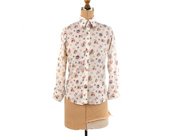 Vintage 70s semi sheer crema fruta novedad botón de impresión abajo blusa de camisa Boho