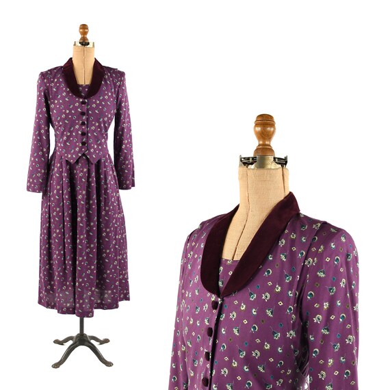 Vintage 80s 90s Rayon Purple Romantic Floral Tea … - image 1